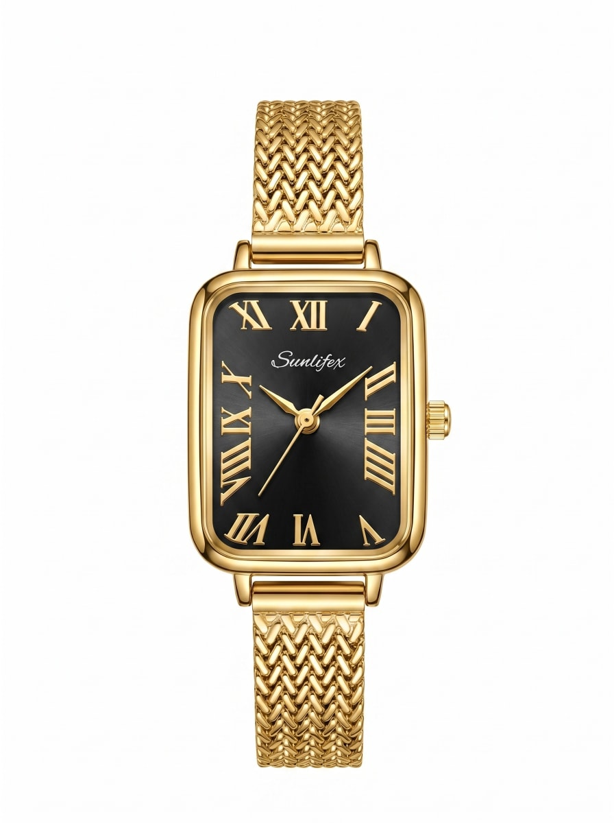Sunlifex Elegant Rectangular Gold-Tone Watch (Black Dial)