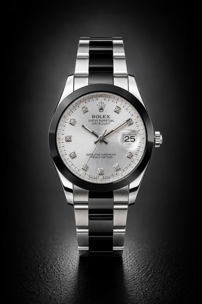 Rolex Datejust Silver Sunburst Dial Two-Tone Diamond Markers Watch