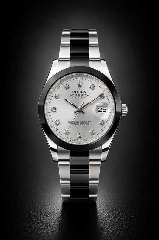 Rolex Datejust Silver Sunburst Dial Two-Tone Diamond Markers Watch