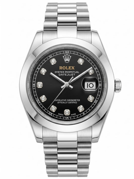 Rolex Datejust Stainless Steel Black Dial Diamond Markers Watch