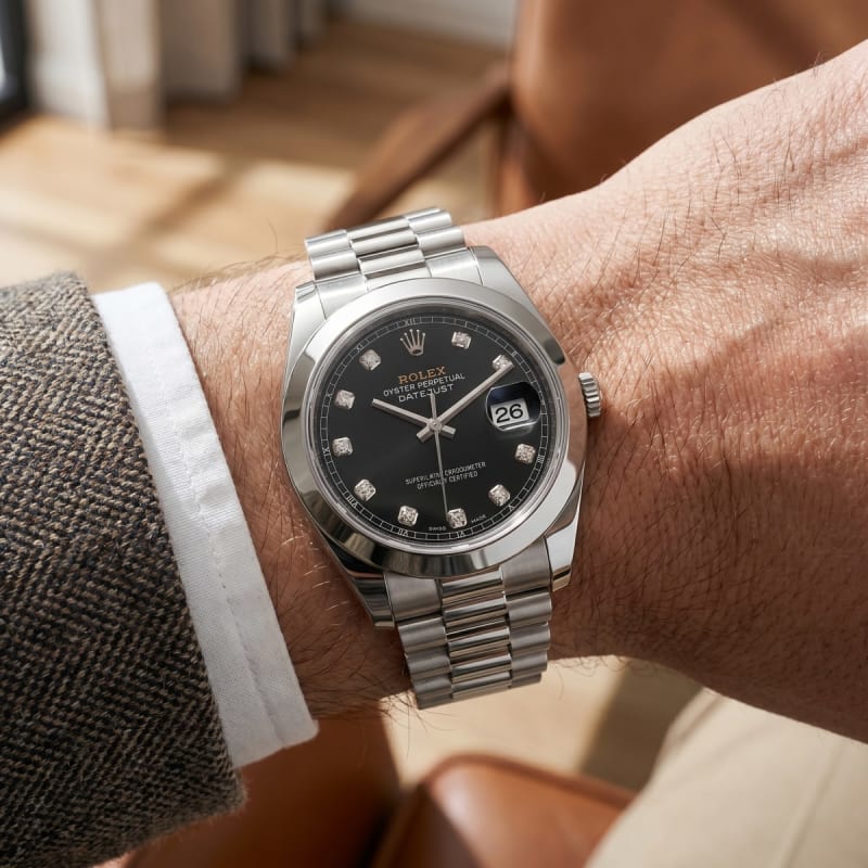 Rolex Datejust Stainless Steel Black Dial Diamond Markers Watch