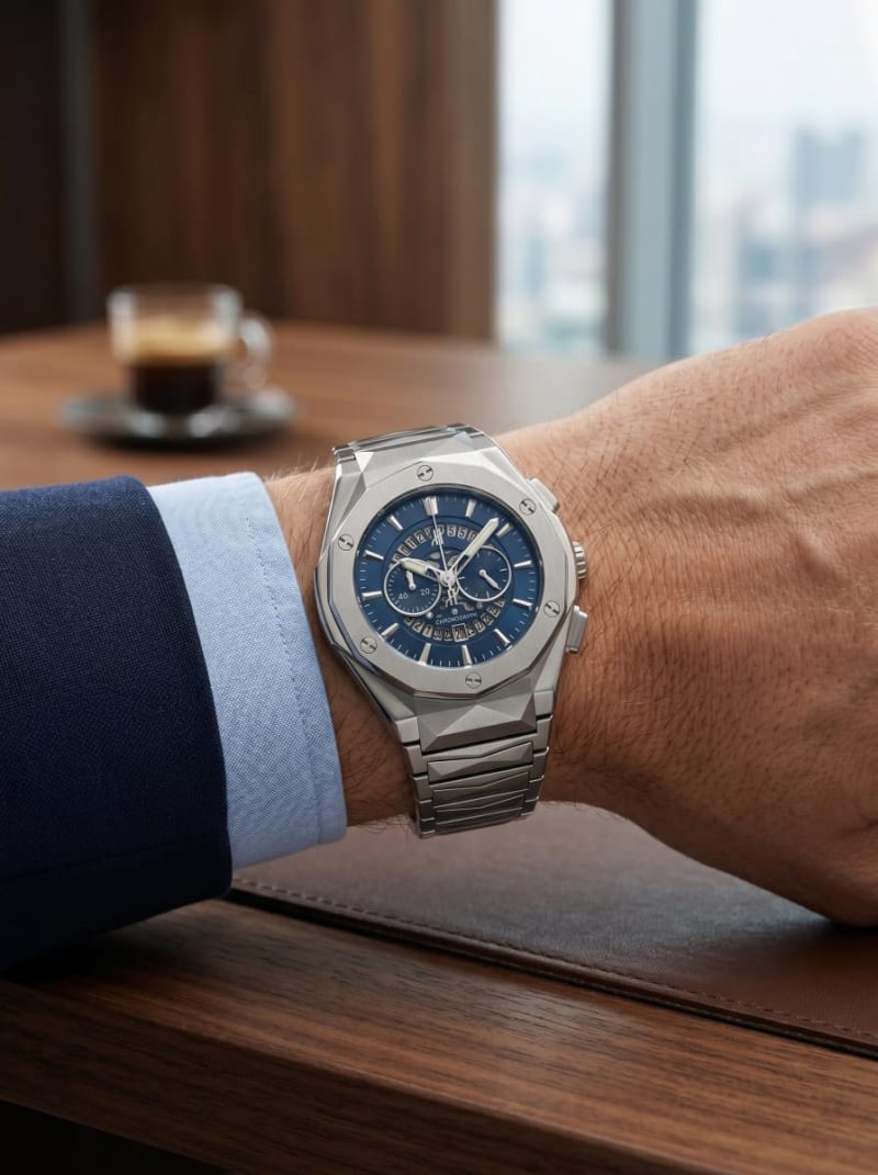 Luxury Silver Chronograph Stainless Steel Watch
