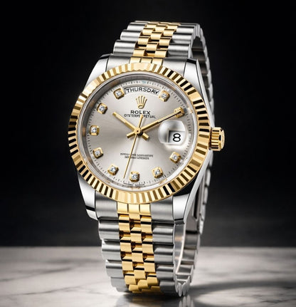 Luxury Two-Tone Day-Date Style Watch – Gold & Silver