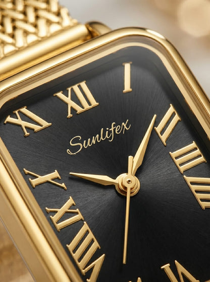 Sunlifex Elegant Rectangular Gold-Tone Watch (Black Dial)