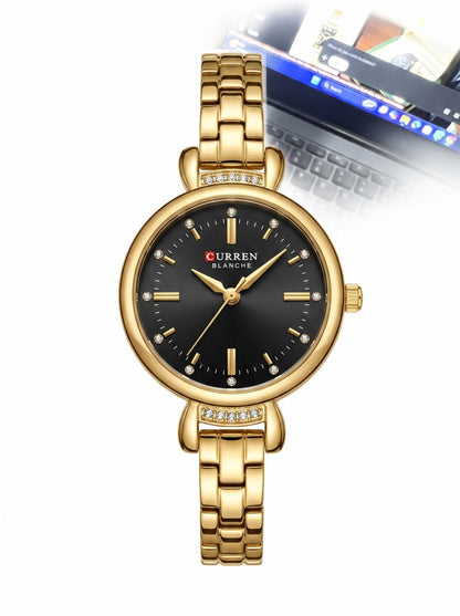 Curren Blanche Elegant Gold-Tone Crystal Watch (Black Dial)