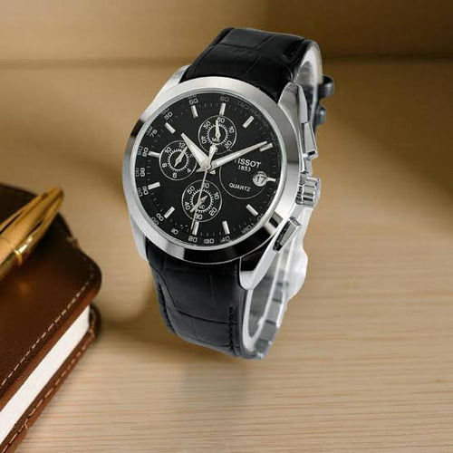 Luxury Sport Chronograph Watch – Black Leather Strap | Water Resistant 30 Bar | Premium Blue Dial