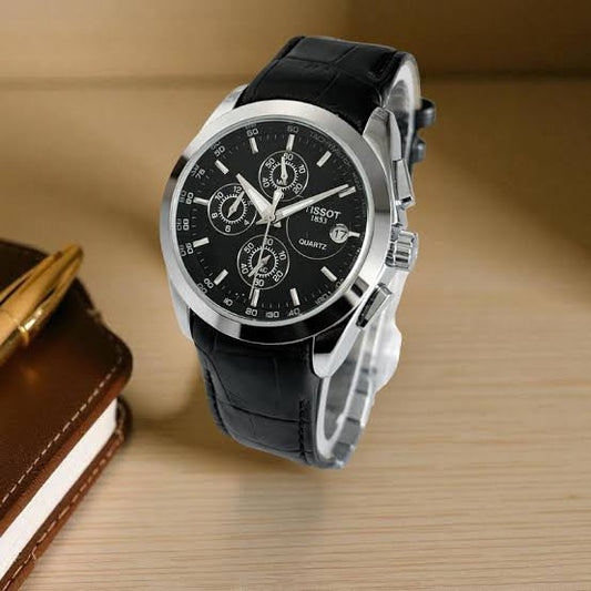 Luxury Sport Chronograph Watch – Black Leather Strap | Water Resistant 30 Bar | Premium Blue Dial