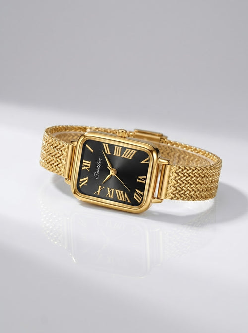 Sunlifex Elegant Rectangular Gold-Tone Watch (Black Dial)
