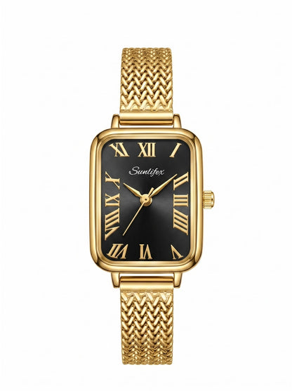 Sunlifex Elegant Rectangular Gold-Tone Watch (Black Dial)