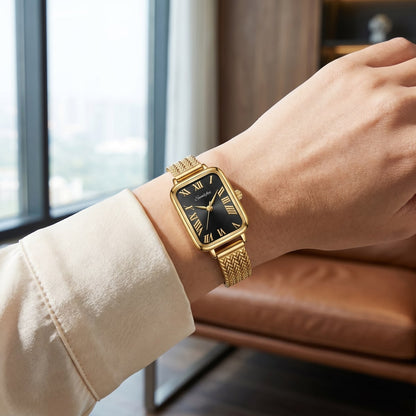 Sunlifex Elegant Rectangular Gold-Tone Watch (Black Dial)