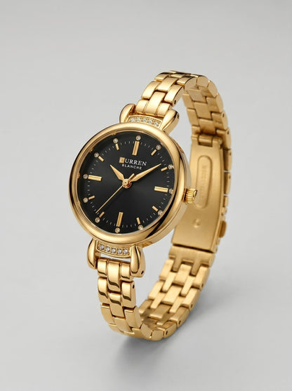 Curren Blanche Elegant Gold-Tone Crystal Watch (Black Dial)